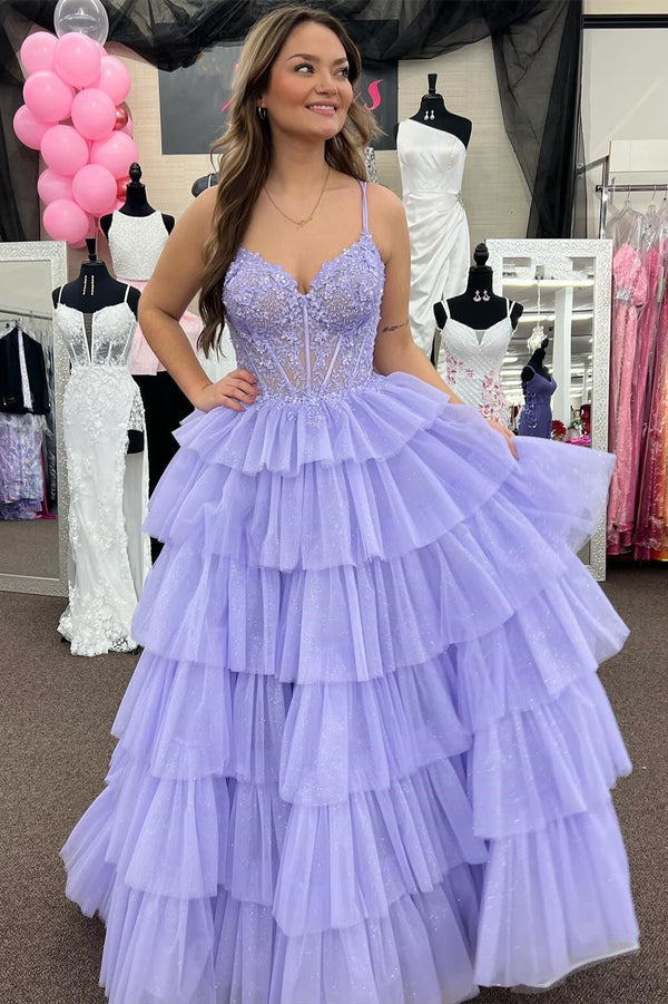 Luolandi Tiered Ruffle Appliques Corset Long Prom Dress with Spaghetti Straps Beautiful