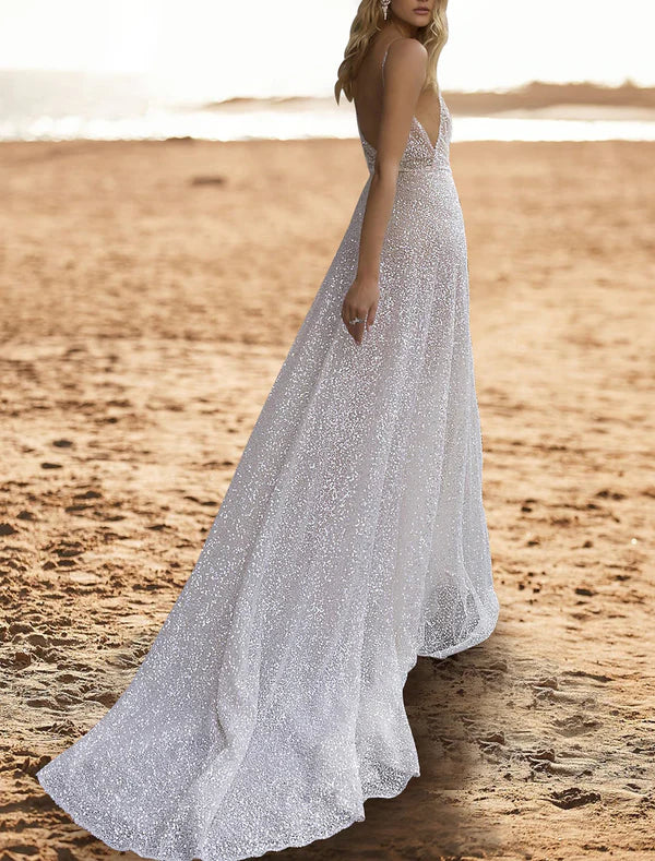 Luolandi Beach Open Back Casual Wedding Dresses A-Line Camisole V Neck Sleeveless Sweep / Brush Train Sequined Bridal Gowns With Beading Sparkly