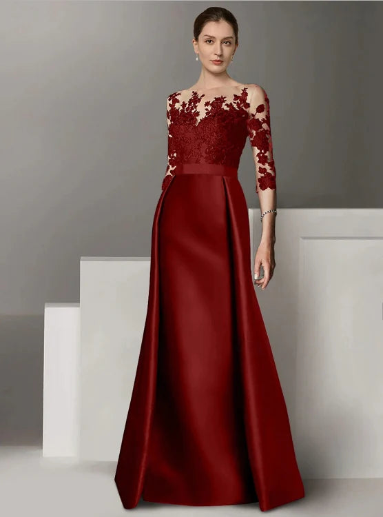 Luolandi A-Line Evening Gown Wedding Guest Sweep / Brush Train Long Sleeve Scoop Neck Satin with Appliques Mother of the Bride Dress