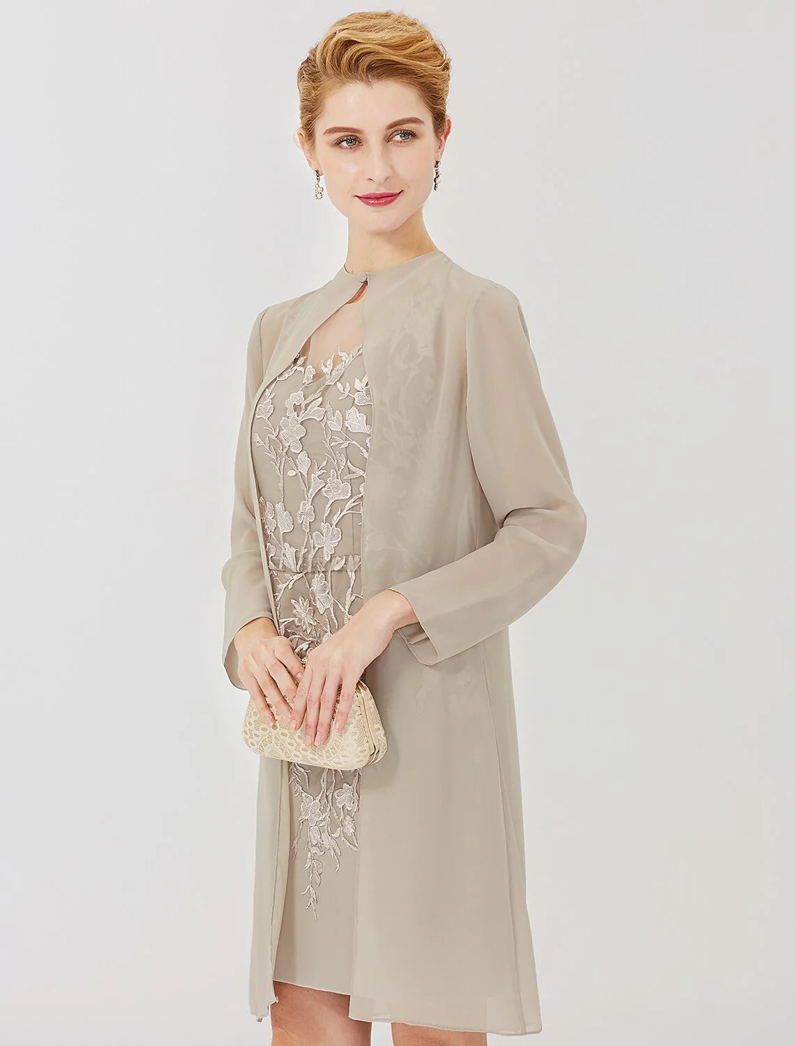 Luolandi Sheath / Column Mother of the Bride Dress Formal Classic & Timeless Elegant & Luxurious Convertible Dress Illusion Neck Knee Length Chiffon All Over Lace Long Sleeve with Appliques Beautiful