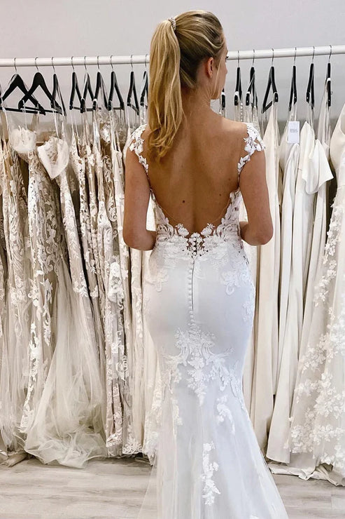 Luolandi Mermaid Deep V-Neck Backless Long Wedding Dress with Lace Beautiful