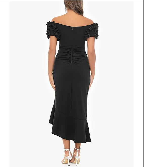 Luolandi 3D Ruffle Off-the-Shoulder Ruffle Front Ruched Detail Midi Dress Cocktail Dresses Party Dress