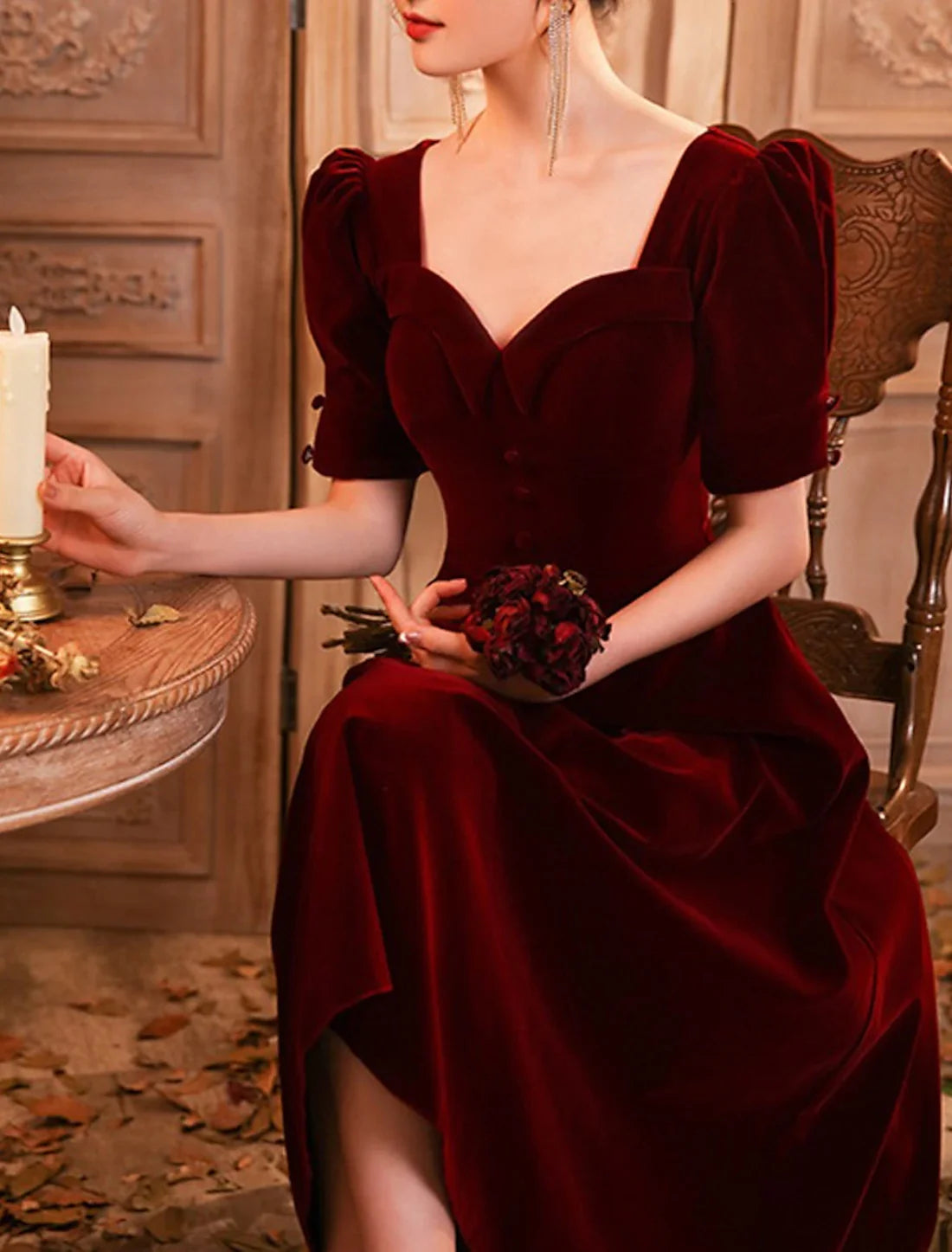 Luolandi A-Line Cocktail Dresses Elegant Dress Wedding Guest Homecoming Tea Length Half Sleeve Scoop Neck Velvet with Buttons Evening Dress