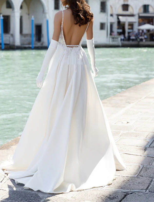 Luolandi Beach Open Back Boho Wedding Dresses A-Line Sweetheart Camisole Spaghetti Strap Sweep / Brush Train Satin Bridal Gowns With Split Front No With Gloves