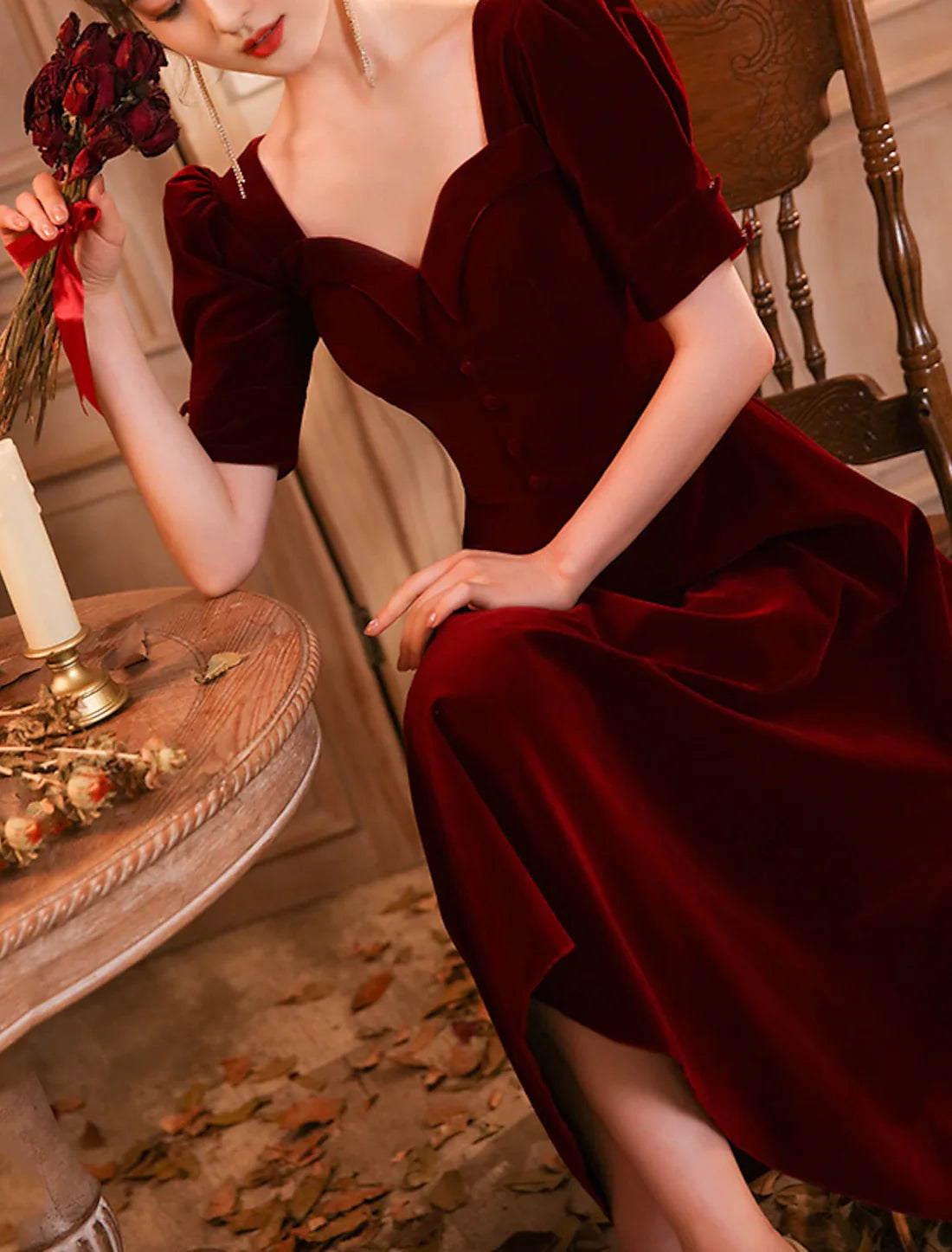 Luolandi A-Line Cocktail Dresses Elegant Dress Wedding Guest Homecoming Tea Length Half Sleeve Scoop Neck Velvet with Buttons Evening Dress