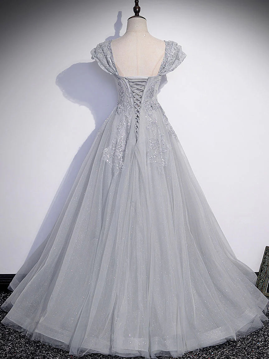 Luolandi A-Line Gray Tulle Sequin Long Prom Dress Formal Evening Dress december wedding guest dress