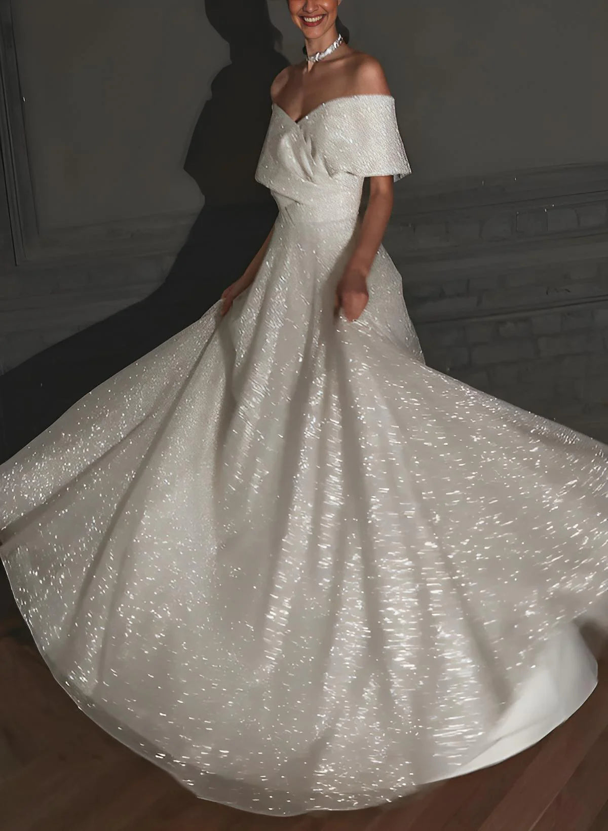 Luolandi Off-The-Shoulder Sleeveless A-Line Wedding Dress With Sweep Train And Sequin Detail Sparkly