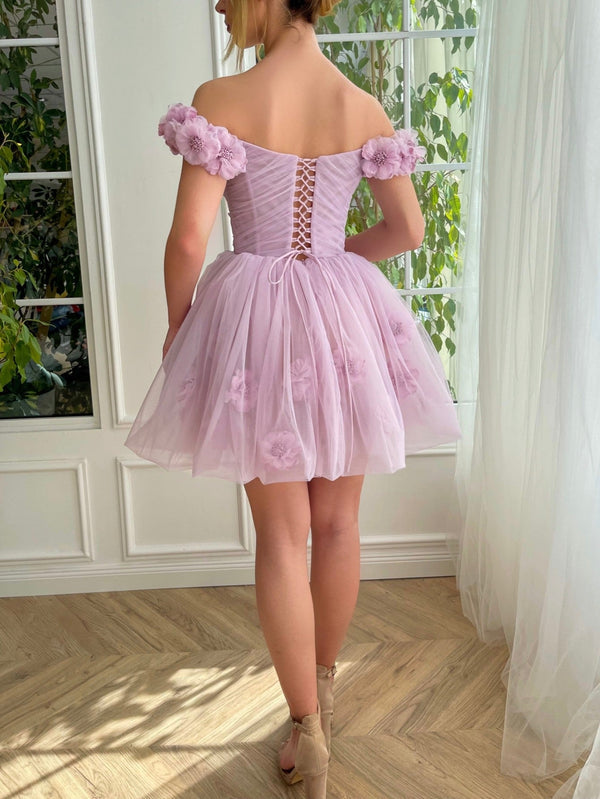 Luolandi A Line Strapless Short Tulle Homecoming Dress Off Shoulder Graduation Dress With Flowers