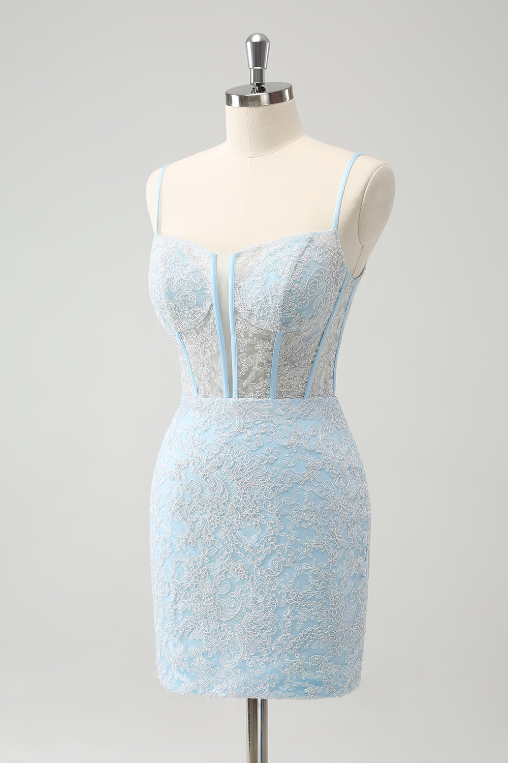 Luolandi Light Blue Corset Spaghetti Straps Short Tight Homecoming Dresses with Lace Up Back Sexy Party Dress
