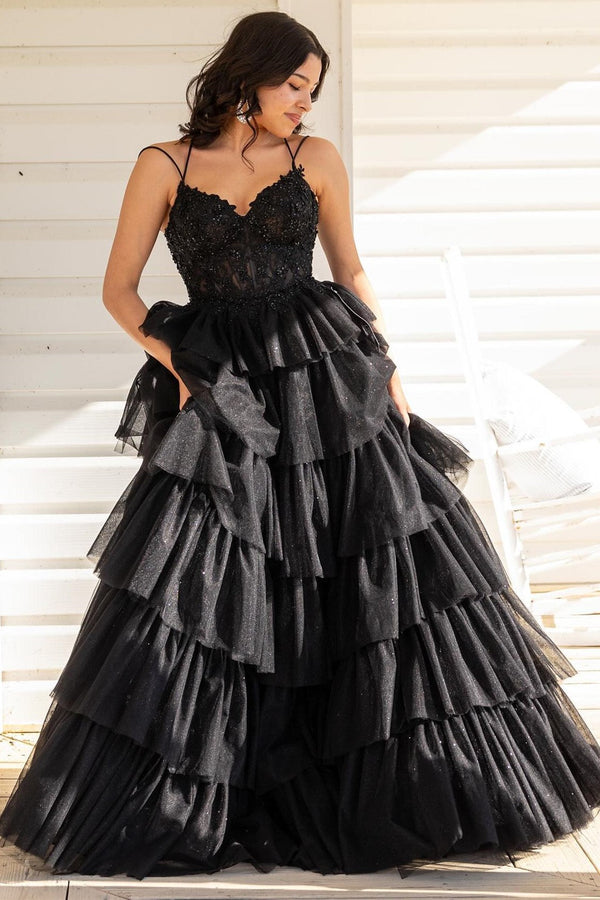 Luolandi Tiered Ruffle Appliques Corset Long Prom Dress with Spaghetti Straps Beautiful