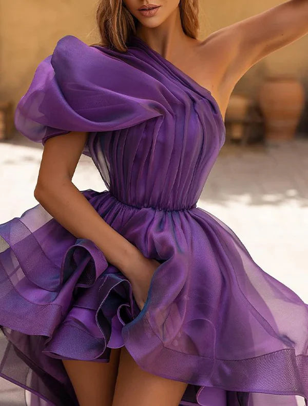 Luolandi A-Line Evening Gown Wedding Prom Dress Sexy High Low Formal Dress Purple Sleeveless One Shoulder Organza with Ruffles Solid Color
