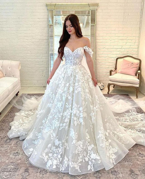 Luolandi Gorgeous Ball Gown Sweetheart Lace Tulle Wedding Dresses Off Shoulder Beautiful