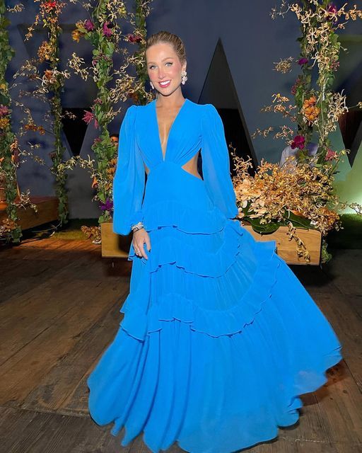 Luolandi Blue V-neck Long Sleeves Backless Prom Dress Elegant Evening Party Dress