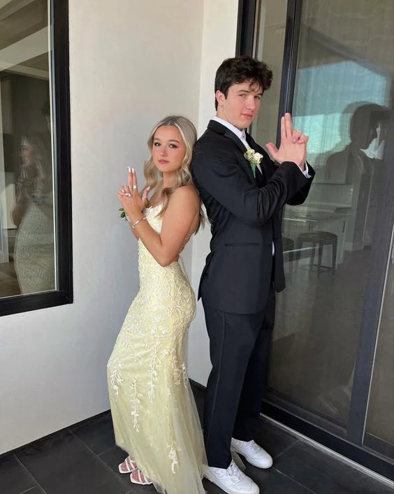 Luolandi Light Yellow Tulle Appliques Mermaid Long Prom Gown Graduation Dress Beautiful