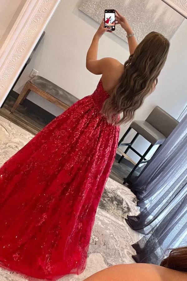 Luolandi Red A-Line Strapless Sequin Lace Prom Dresses Off Shoulder Floor Length Sparkly Evening Dress