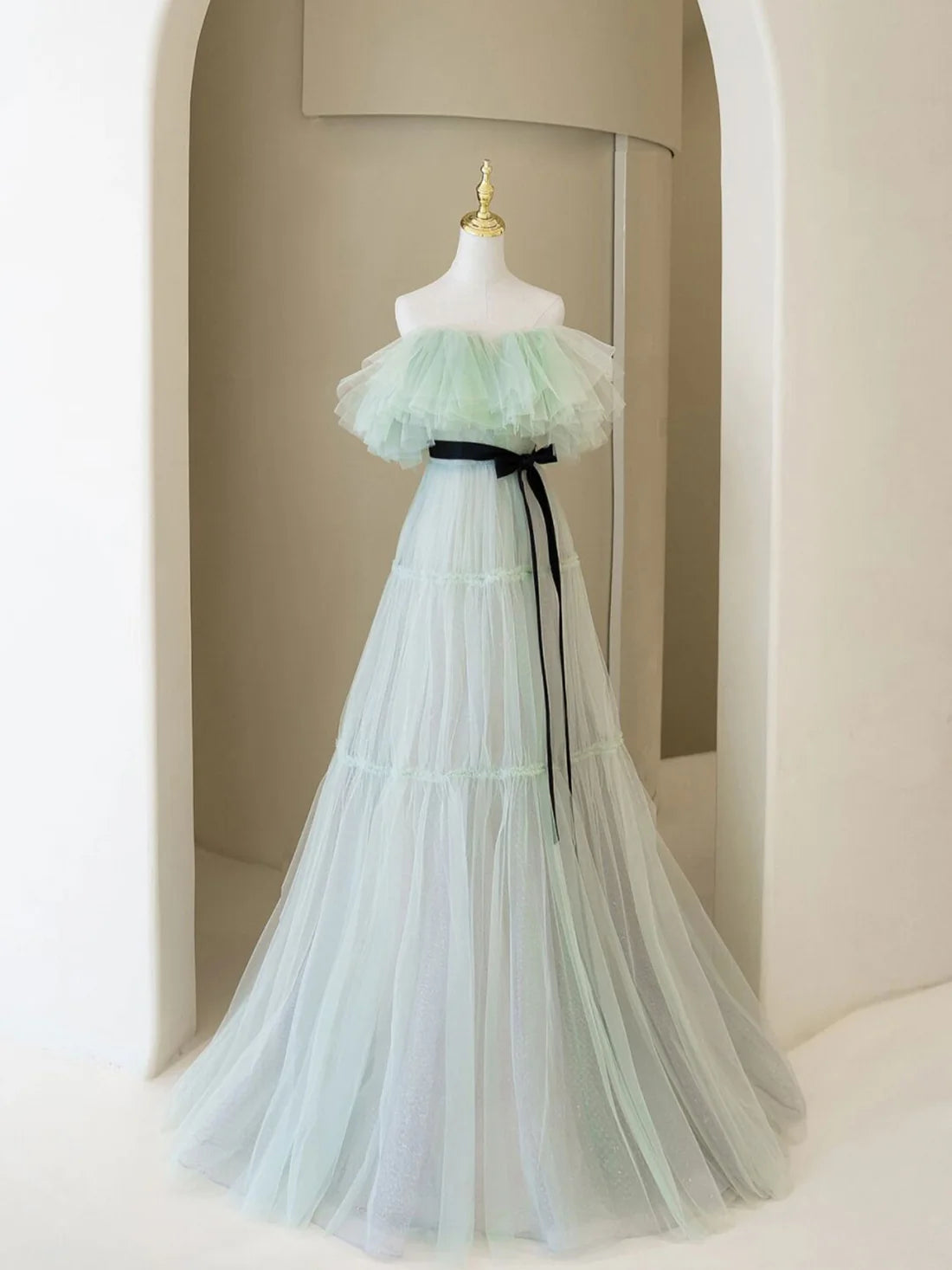 Luolandi Green A line tulle long prom dress formal dress Off Shoulder Floor Length Simple december wedding guest dress