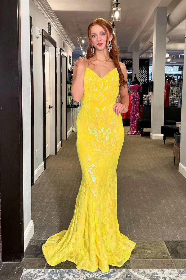 Luolandi Mermaid V Neck Yellow Sequins Lace Backless Long Prom Dresses Sparkly Evening Dress