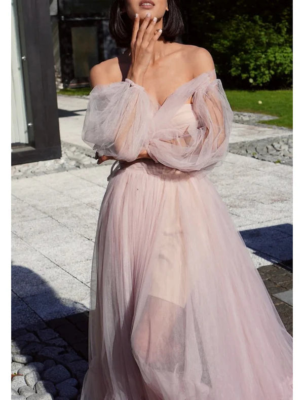 Luolandi A-Line Elegant Sexy Wedding Guest Prom Dress Off Shoulder Long Sleeve Floor Length Tulle with Bow(s) Pleats Evening Dress