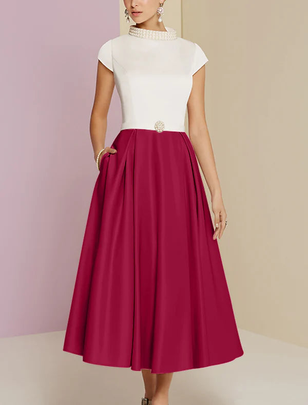 Luolandi A-Line Mother of the Bride Dress Wedding Guest Vintage Tea Length Satin Short Sleeve with Pearls Elegant
