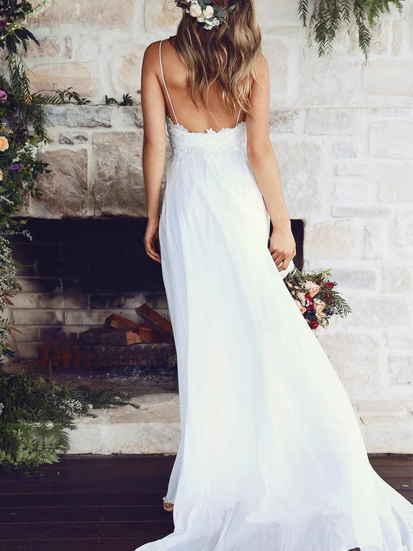 Luolandi A-line Spaghetti Strap Sweep Train Chiffon Appliqued Wedding Dresses Elegant