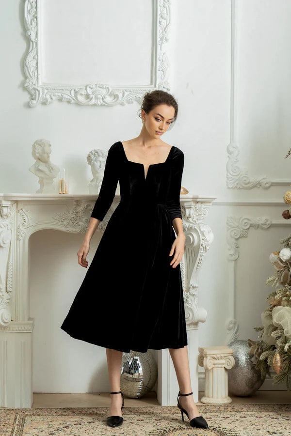 Luolandi Wedding Guest Velvet Winter Vintage Dress Formal Cocktail Dress Long Sleeve Full Skirt Dress Elegant