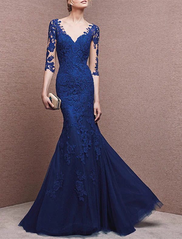 Luolandi Mermaid / Trumpet Evening Gown Elegant Dress Formal Wedding Guest Floor Length Half Sleeve V Neck Tulle with Appliques Mother of the Bride Dress