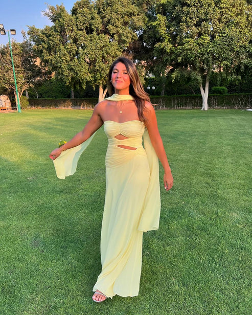 Luolandi Strapless A Line Yellow Long Prom Dress Wedding Guest Dress Charming Evening Party Dress
