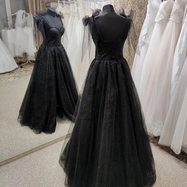 Luolandi Black Tulle Floor Length Long Party Dress with Slit Evening Dresses Sparkly Prom Dress