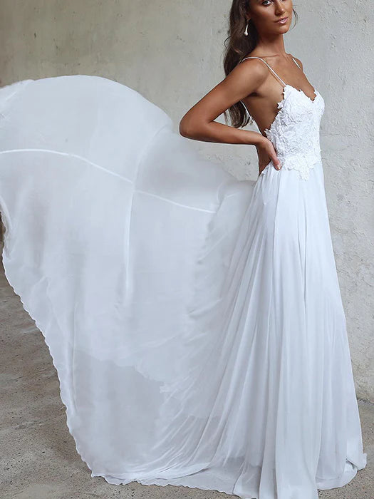 Luolandi A-line Spaghetti Strap Sweep Train Chiffon Appliqued Wedding Dresses Elegant