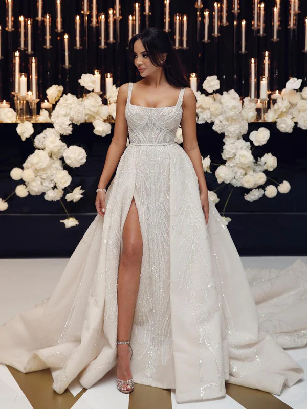 Luolandi Gorgeous Beaded Lace Spaghetti Straps A-line Chapel Train Wedding Dresses With Slit
