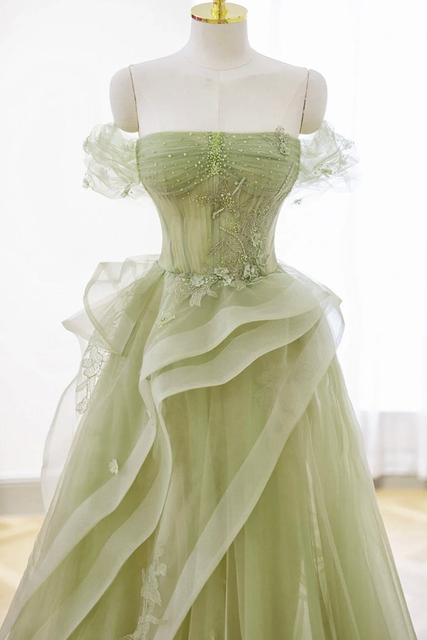 Luolandi Green Tulle Lace Long Prom Dress with Corset Formal Party Dress Beautiful