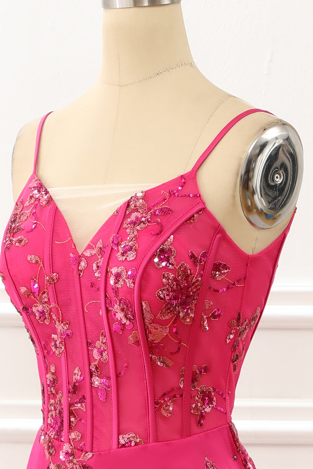 Luolandi Fuchsia Sequin Print Mermaid Corset Prom Dress Floor Length With Flowers