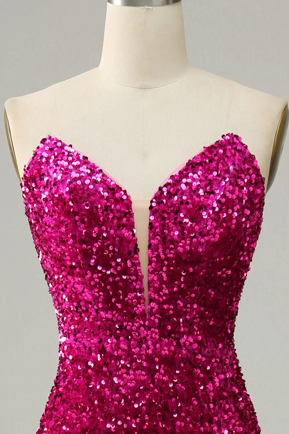 Luolandi Fuchsia Strapless Sequins Prom Dress With Slit Sparkly Sexy Evening Dress