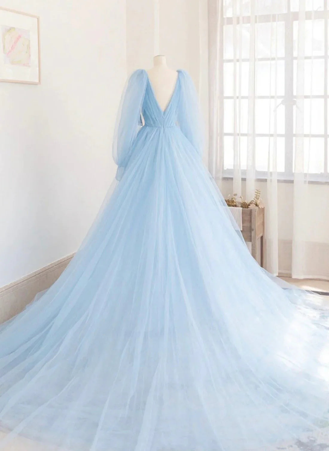 Luolandi Light Blue Long Sleeves V Neck Long Formal Dress A-Line Evening Dress Prom Dress