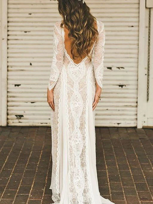 Luolandi Alluring Lace Bateau Long Sleeves Chapel Train Sheath Wedding Dresses Elegant