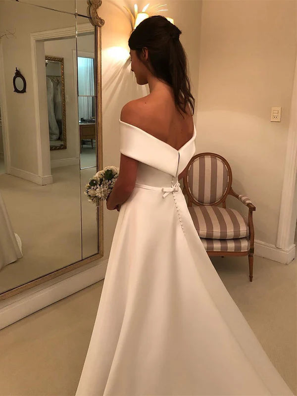 Luolandi Charming Satin A-line Wedding Dresses Long Bridal Gowns Off Shoulder Floor Length Simple