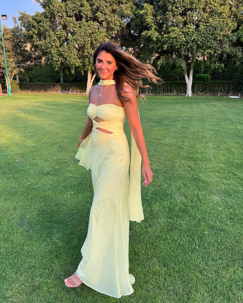 Luolandi Strapless A Line Yellow Long Prom Dress Wedding Guest Dress Charming Evening Party Dress