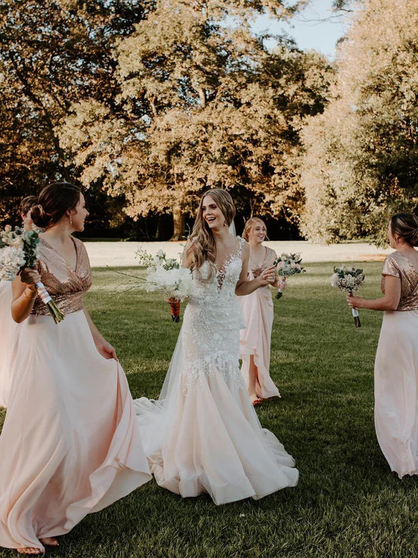 Luolandi Delicate V-Neck Illusion Beaded Appliques Tulle Mermaid Wedding Dresses Charming