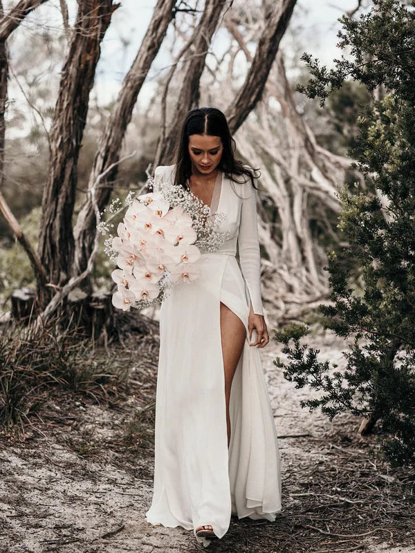 Luolandi Stunning Chiffon A-line Wedding Dresses V-neck Long Bridal Gowns Formal Dress With Slit Sexy