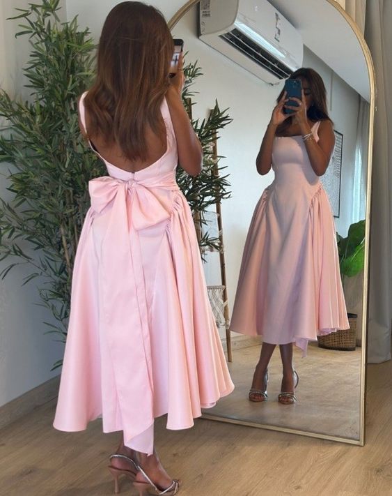 Luolandi Pink Mid Length A Line Prom Dress Evening Gown Elegant Party Dress