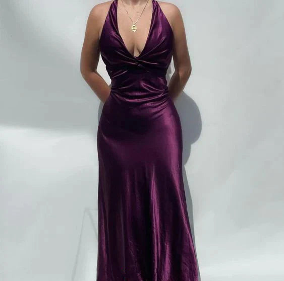 Luolandi Elegant Purple V Neck Halter Vintage Prom Dress Sexy Party Dress Yellow Evening Formal Dress