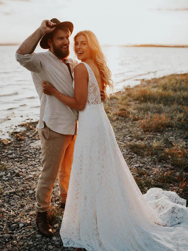 Luolandi Lace A-line Backless Chapel Train Wedding Dresses Sleeveless Bridal Gowns Elegant