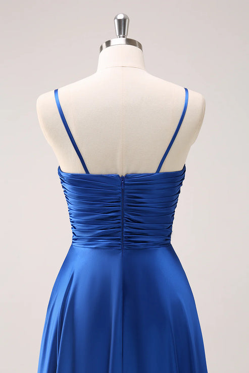 Luolandi Blue Spaghetti Straps Satin Bridesmaid Dress with Slit Floor Length Party Dress