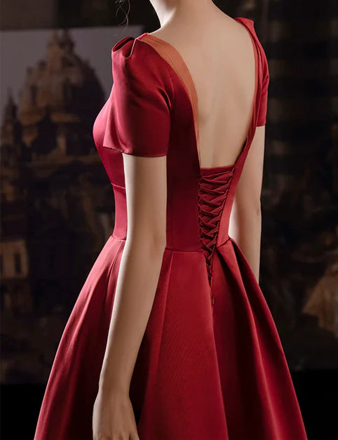 Luolandi Wine Red Satin Low Back Lace-up Short Sleeves Party Dress Formal Dresses Elegant Evening Dress