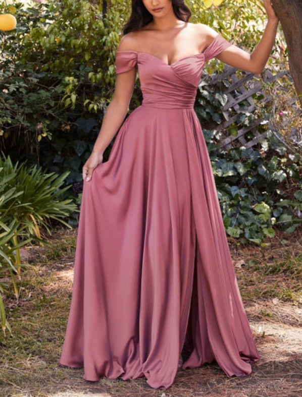 Luolandi Off-Shoulder Satin A-Line Bridesmaid Dress With Side Slit Elegant Evening Party Dress