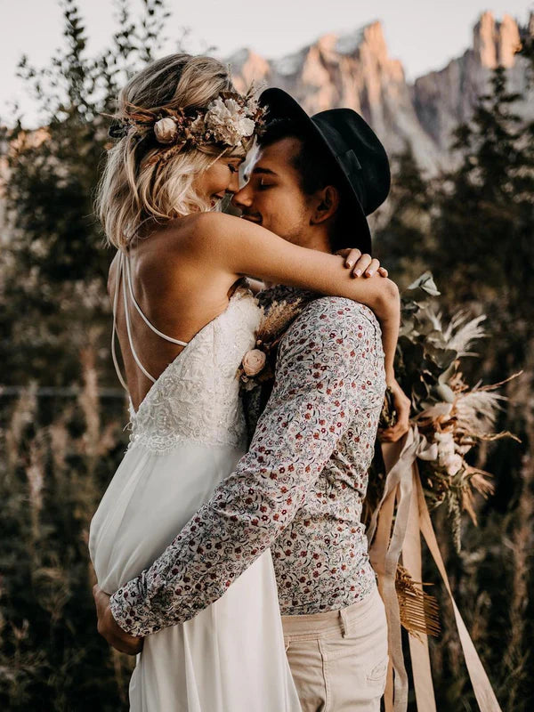 Luolandi Long Lace Chiffon Halter Neckline Backless Wedding Dresses Floor Length Elegant Bridal Gown