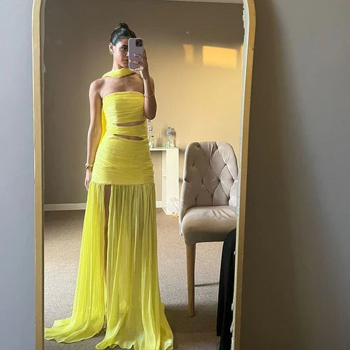 Luolandi Strapless Yellow A Line Long Prom Dress Formal Party Gown Charming Evening Dress