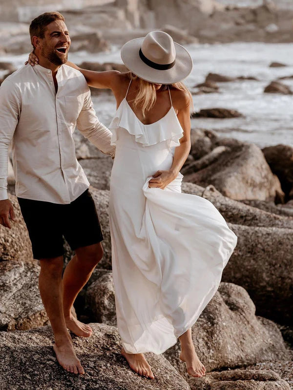 Luolandi Beautiful Simple Spaghetti Straps Long Backless Chiffon Wedding Dresses Solid Color Formal Dress Party Dress