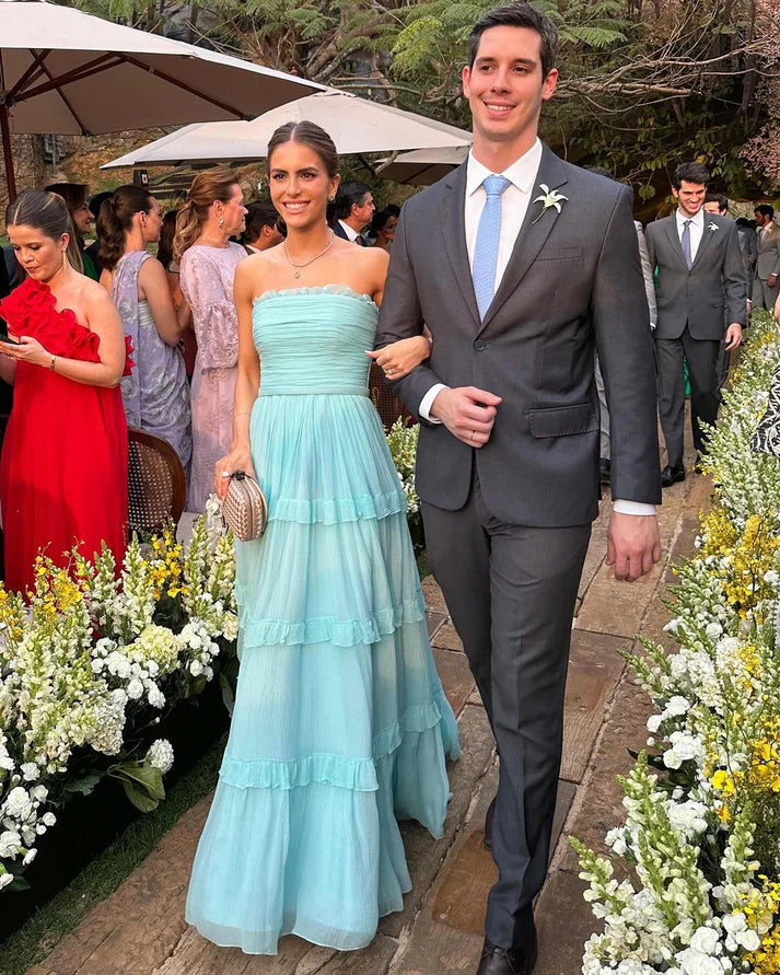 Luolandi Strapless A Line Blue Long Prom Dress Ruffle Party Dress Wedding Guest Dress