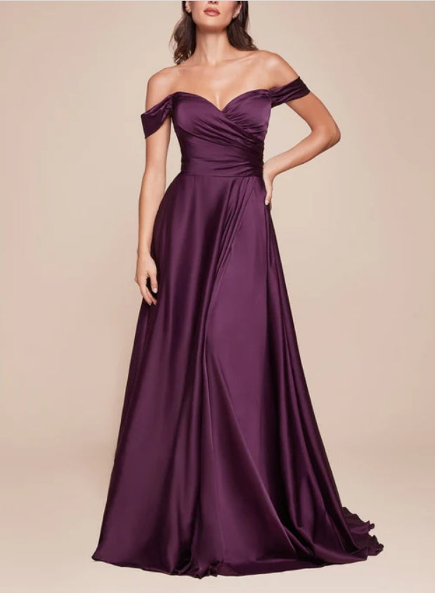 Luolandi Off-Shoulder Satin A-Line Bridesmaid Dress With Side Slit Elegant Evening Party Dress